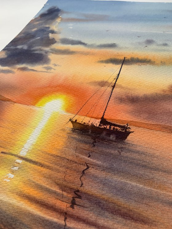 Sailing yacht and fire sunset #3