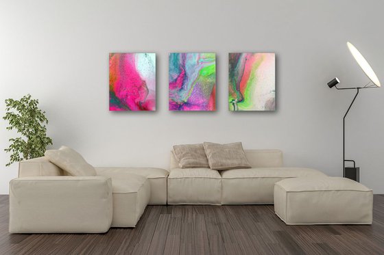 "Menage A Trois" - FREE USA SHIPPING - Original Triptych, Abstract PMS Acrylic Paintings Series - 48" x 20"