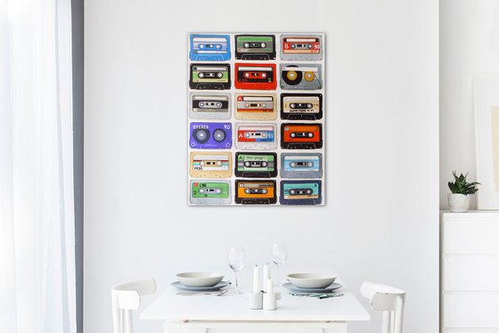 My mix (cassette tapes, retro music, 70's, 80's rock culture, large canvas artwork)