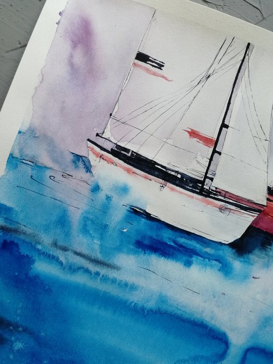 Sailboat painting. Seascape