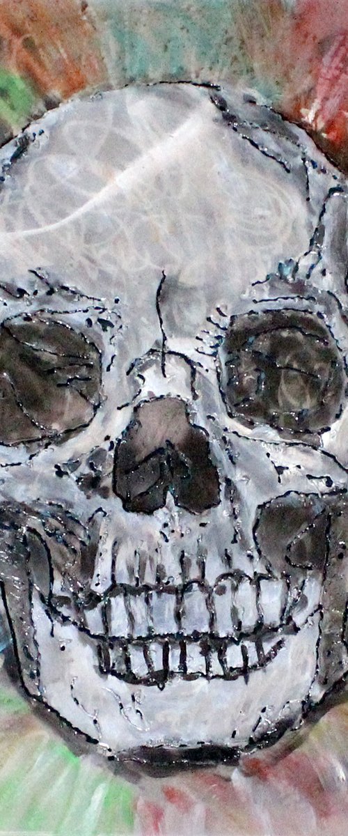 Vanity painting - skull - Wall sculpture steel panel and inks by Philippe Buil