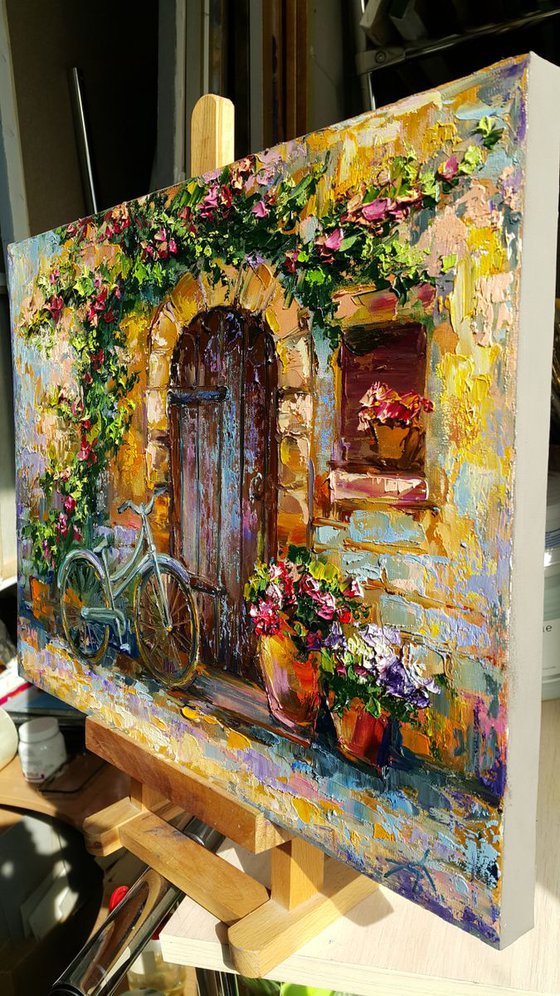 Painting oil " Cozy patio " original impasto artwork