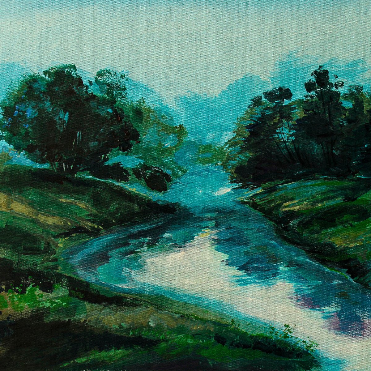 Urban And Pop Still Life Acrylic Painting By Artist Gurdish Pannu, 18 X 18, The Moonlit River, Original Artwork