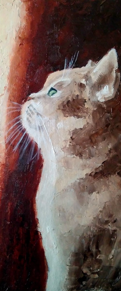 By the window, Cat Oil Painting Original Art Сute Kitten Wall Art Kitty Artwork by Yulia Berseneva