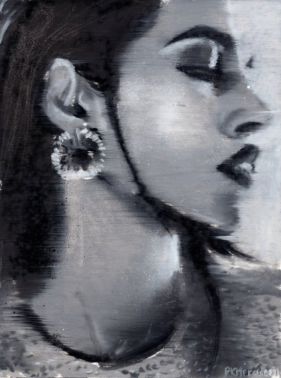 Pooja | Black and white high fashion woman oil painting on paper portrait earrings | beautiful powerful lady