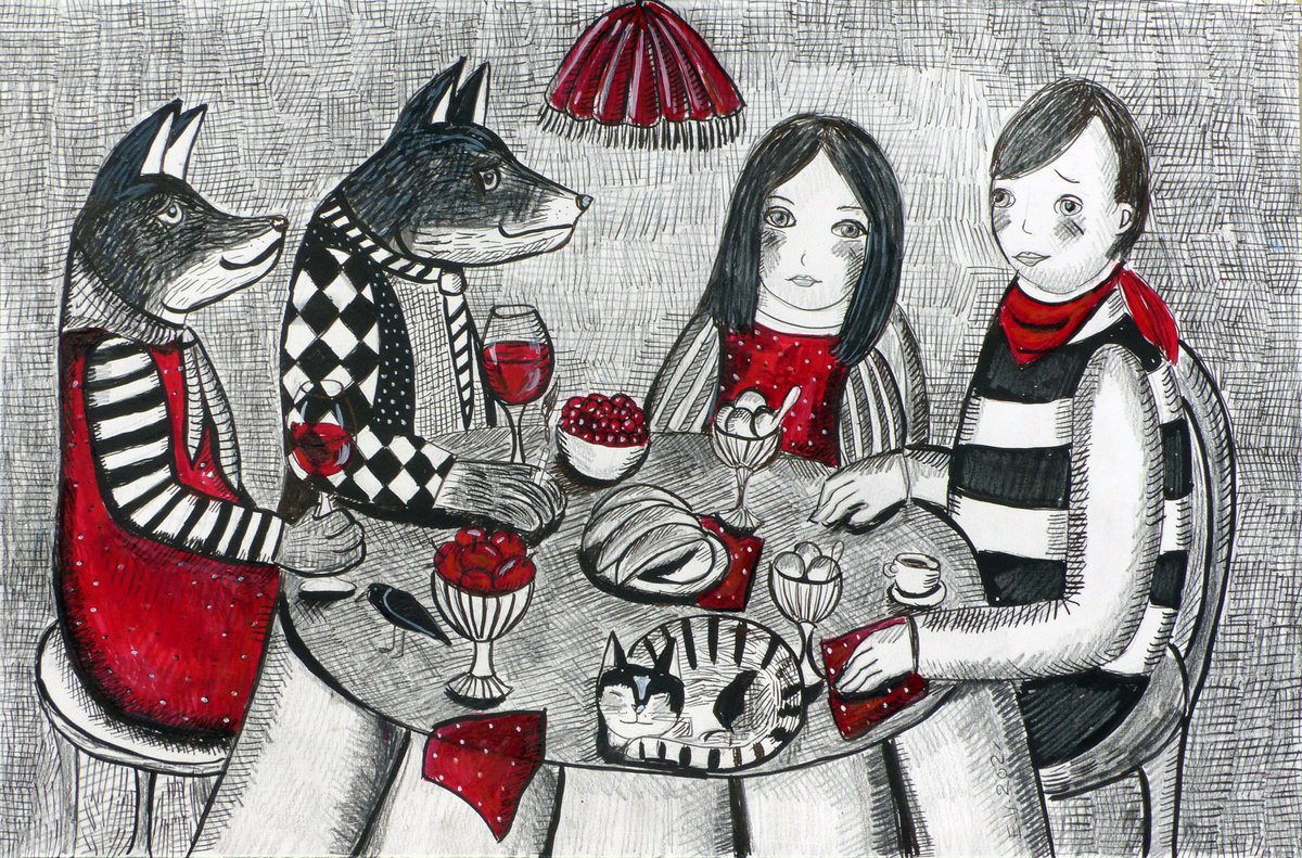 Naive Portrait Ink Drawing By Elizabeth Vlasova, 18 X 12, Dinner With The Wolves, Original Artwork