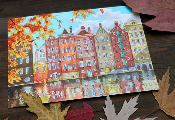 Cityscape with houses of Amsterdam. Autumn city.