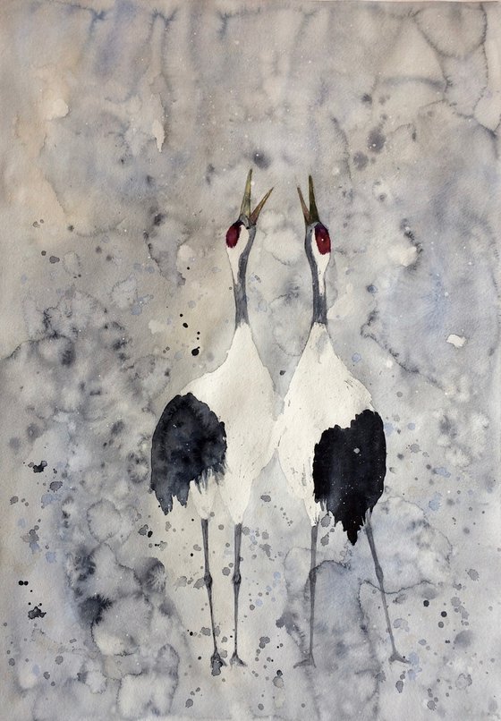 Bird watercolor painting - Japanese cranes large wall art - Wedding gift idea