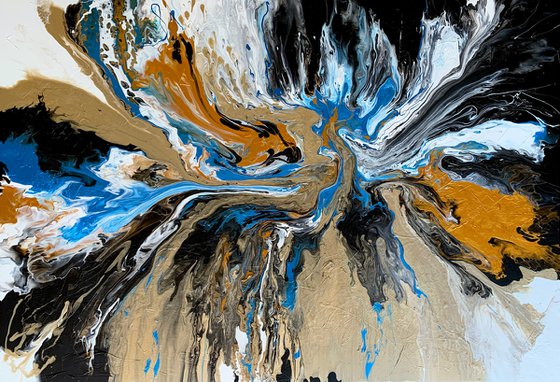 The Shining of Gold #6 - LARGE, VIBRANT, WHITE , GOLD, BLACK & BLUE ABSTRACT ART – EXPRESSIONS OF ENERGY AND LIGHT. READY TO HANG!