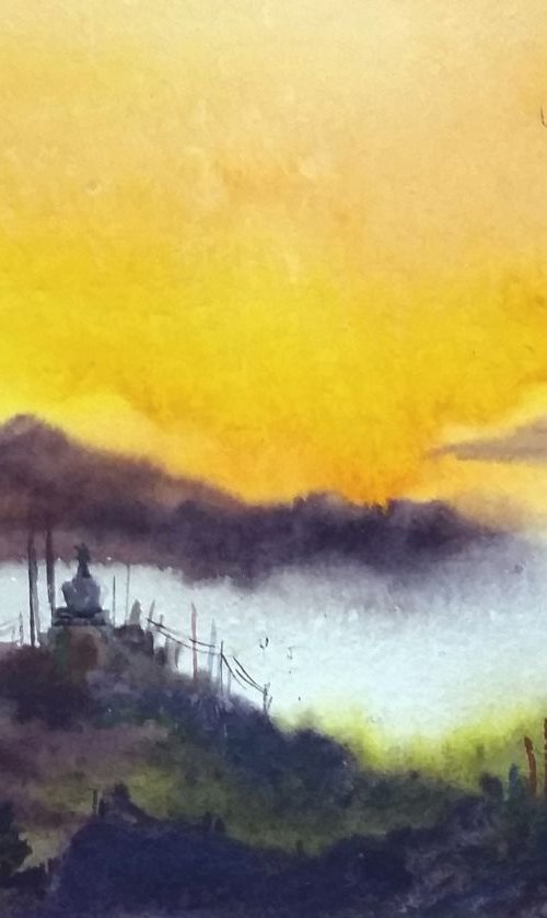 Cloudy Himalaya Mountain Sunrise - Watercolor on Paper by Samiran Sarkar