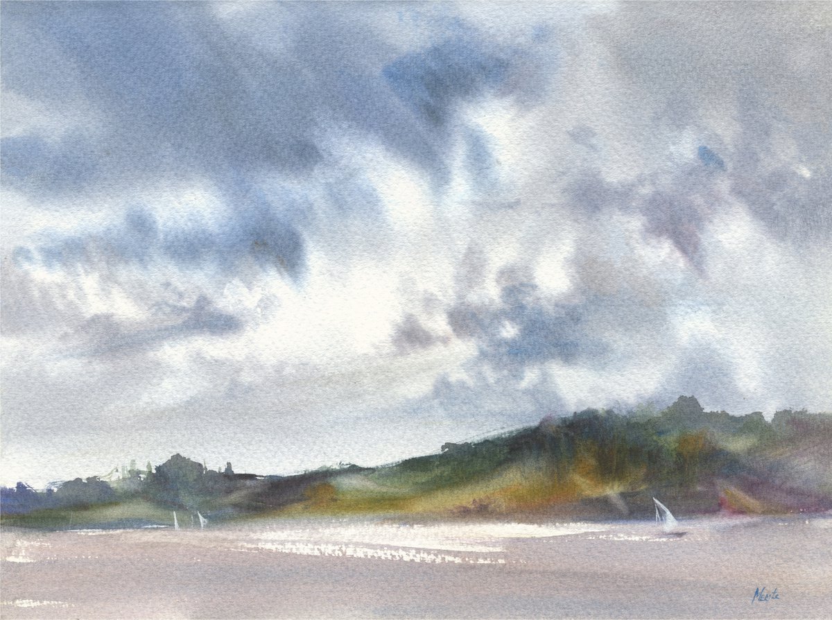 Stormy skies on Exe river by Merite Watercolour