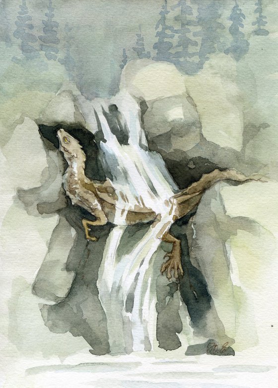 Fantasy Waterfall dragon Watercolor sketch Nature guardian