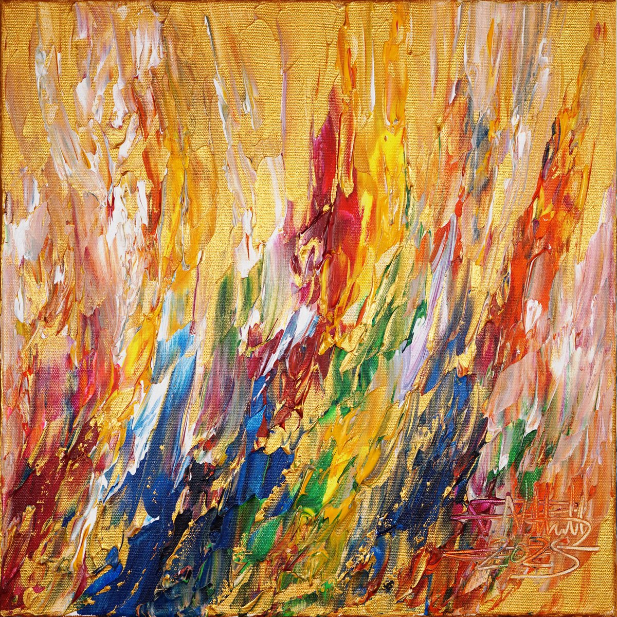 Abstract Acrylic Painting By Peter Nottrott, 16 X 16", Gold Pieces Xs 1, Original Artwork