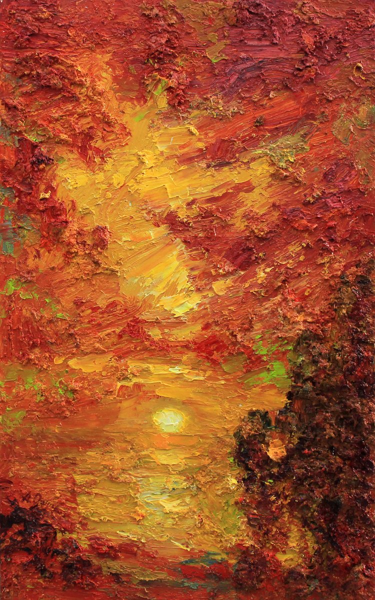 Impressionistic Landscape Oil Painting By Alisa Onipchenko-Cherniakovska, 10 X 16, Red Colors Of Sunset Time By Sea, Artfinder
