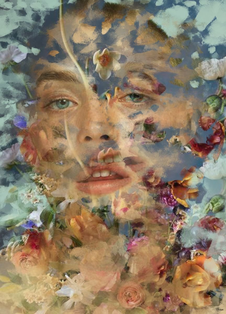 Illustrative Portrait Photograph By Bojan Jevtic, 31 X 43, Flowers On My Mind, Original Artwork