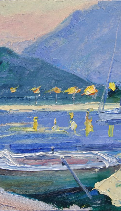 Embankmen of Montenegro. City Kotor . Original plein air oil painting . by Helen Shukina