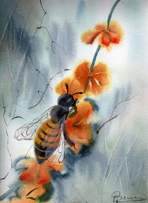 Honey bee with flower Watercolor ORIGINAL Painting by Olga Shefranov (Tchefranov)
