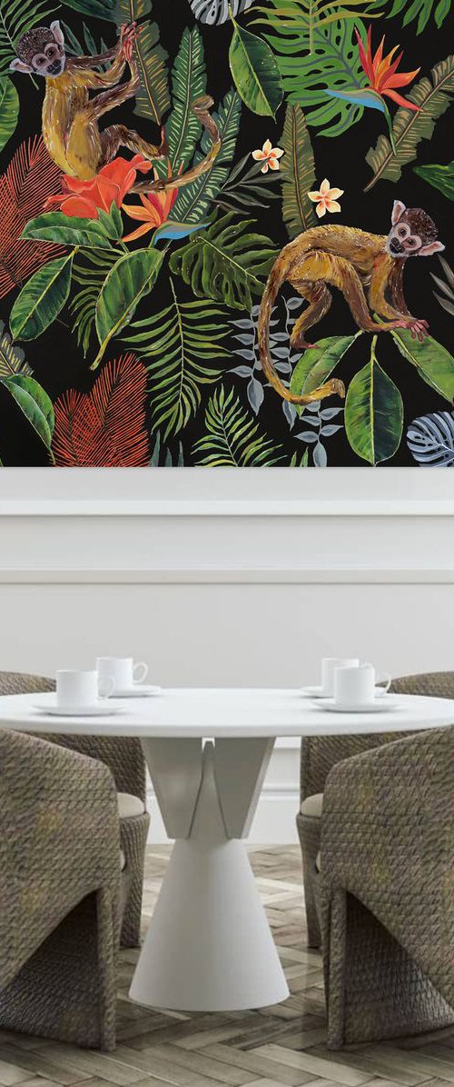 Jungle - Tropical - Monkeys - Art-Deco - Organic Floral, XL LARGE PAINTING by Artemisia