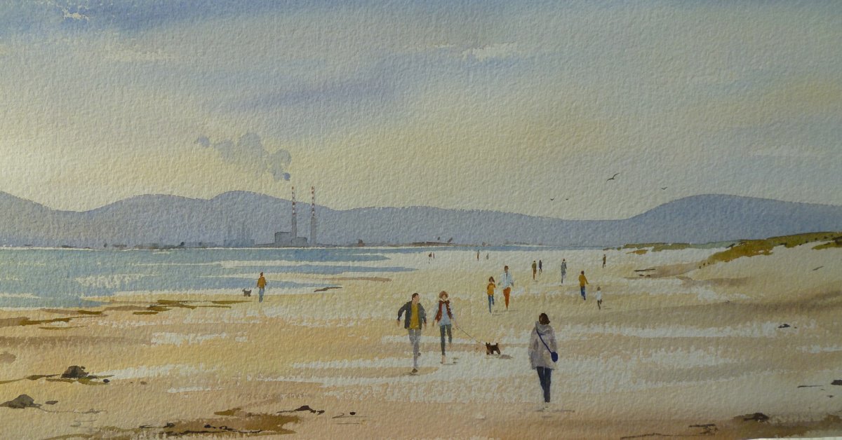 Expressive Landscape Watercolour By Maire Flanagan, 20 X 9", Walking On Dollymount Strand, Original Artwork