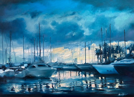 "Harbour Nights"original oil painting by Artem Grunyka