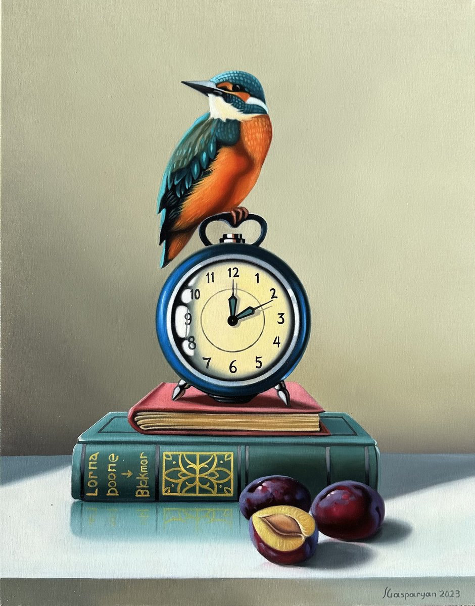 Still life with bird, clock and books by Ara Gasparian