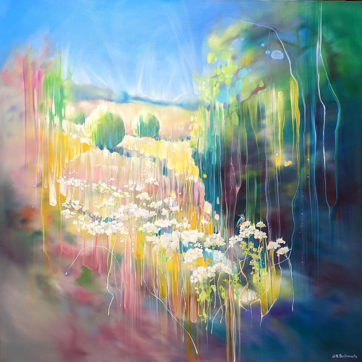 Expressive Landscape Oil Painting By Gill Bustamante, 40 X 40, The Jewel Of The River, Original Artwork