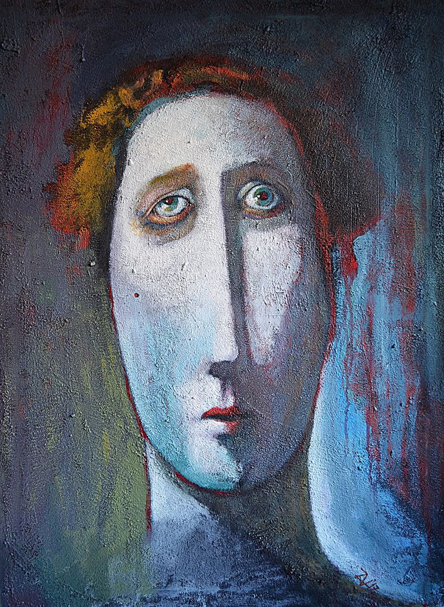 Expressive Portrait Acrylic Painting By Zhana Viel, 25 X 35", Illusions Perdues, Original Artwork