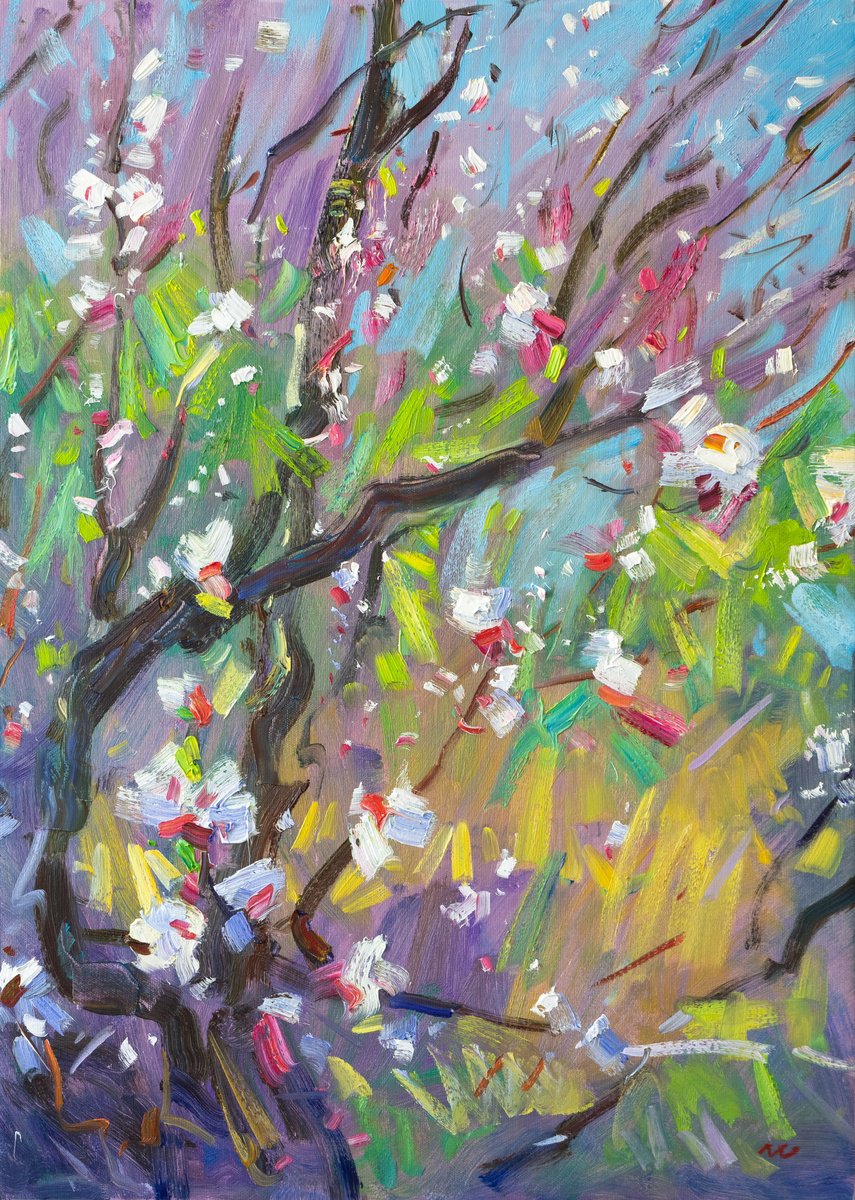 Impressionistic Landscape Oil Painting By Vasyl Moldavchuk, 20 X 28", Blossoming Apricot Tree, Original Artwork