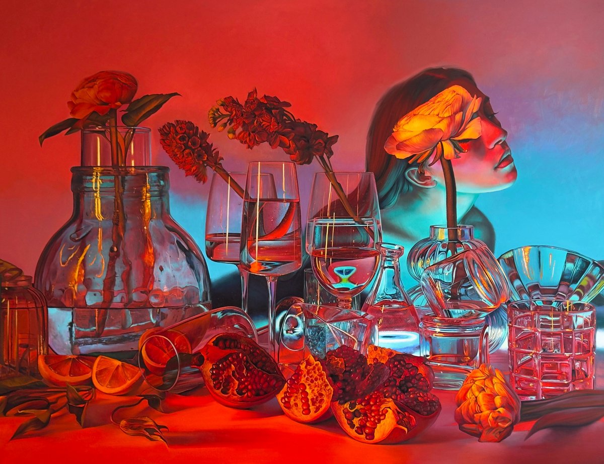 Photorealistic Still Life Oil Painting By Anastasia Parfilo, 51 X 39, In The Blue Light. Reflection, Original Artwork