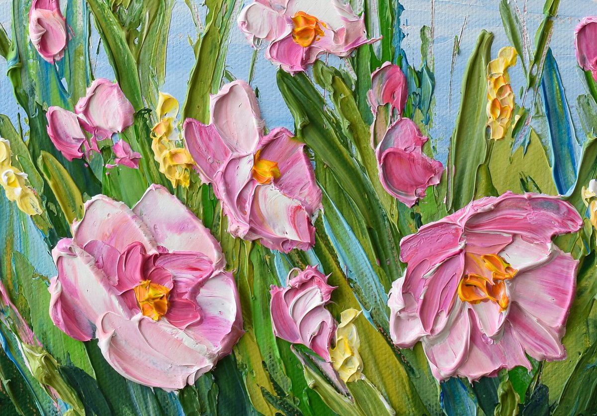 【ご注文品】wildflowers 油彩画2点 Original Acrylic Painting - Pink Wildflowers by Olga Tkachyk
