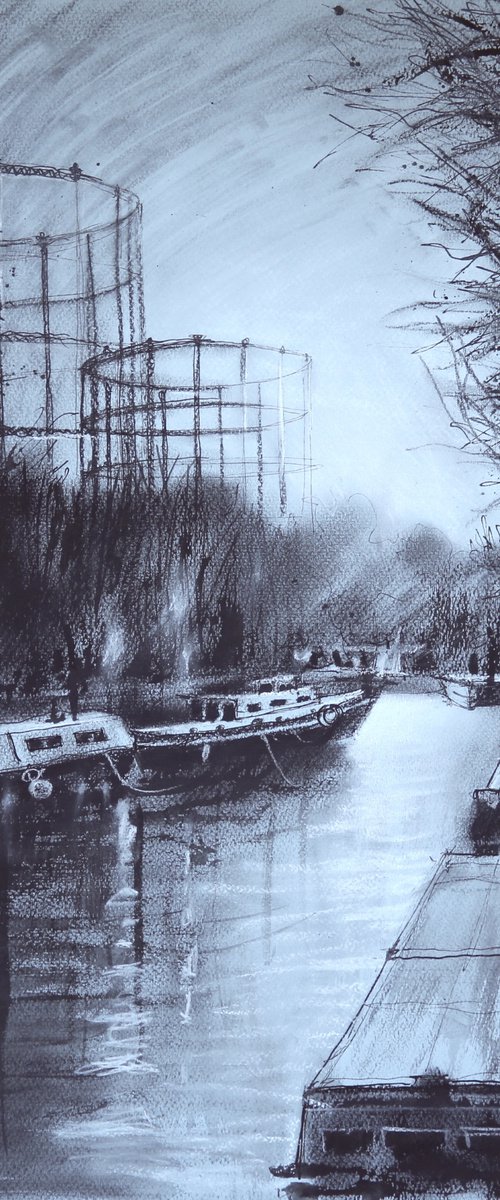 London Regent's Canal and Gasholders , Charcoal and ink drawing by Roberto Ponte