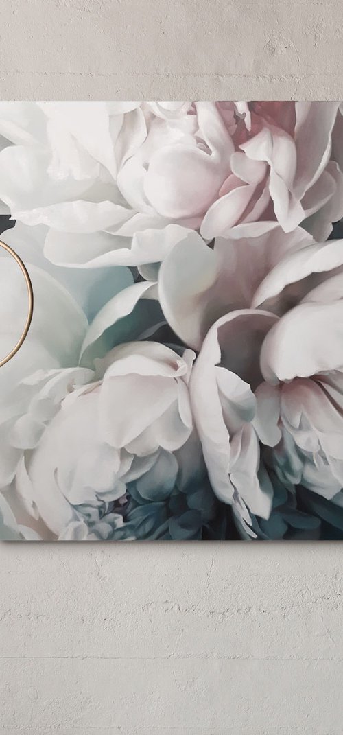 "Tender peonies" White flower oil canvas art by Olha