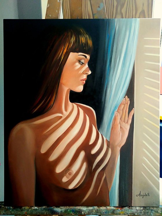 Rays of light - woman - portrait - naked - oil painting - nude