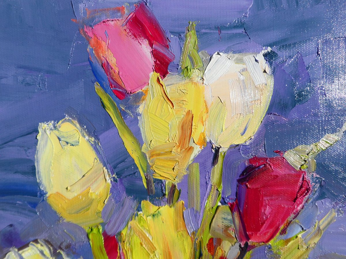 Impressionistic Botanical Oil Painting By Yehor Dulin, 10 X 14", Tulips, Original Artwork