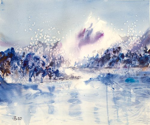 Winter phantasy. Frozen landscape with snow, mountain and frozen lake. Original watercolor. Medium size watercolor natural sky blue dramatic impressionism impression decor by Sasha Romm