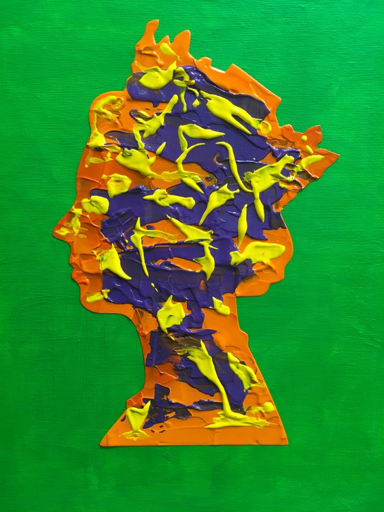 Queen #74 on yellow-green  orange and purple PAINTING INSPIRED BY QUEEN ELIZABETH PORTRAIT