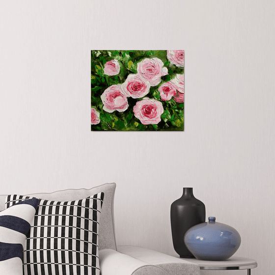 Roses in bloom, garden, oil painting on canvas.