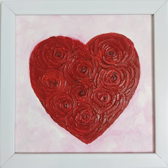 Christmas Valentine - heartful of red roses - palette knife acrylic painting - floral textured artwork - Christmas gift- ready to hang