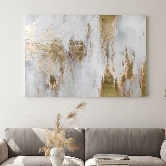 "Cascade 8" White and gold leaf abstract art