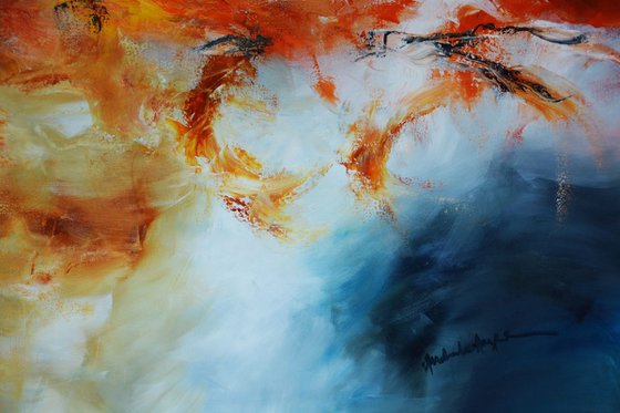 Solar flares - 60"x60" square red and blue abstract painting