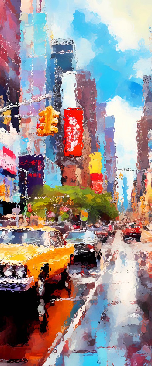 New York street after the rain. Urban 7th Avenue and Broadway Times Square New York City USA cityscene, colorful impressionistic landscape art. Large wall art home decor. Art Gift by BAST