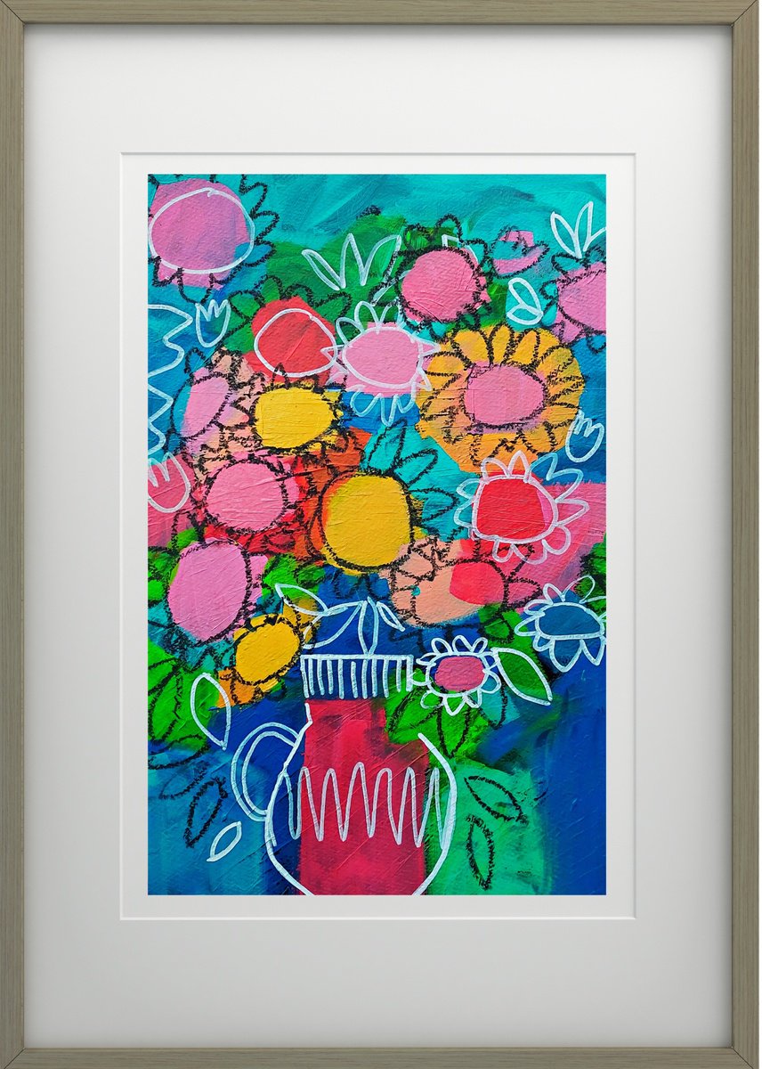 Naive Botanical Acrylic Painting By Jan Rippingham, 13 X 20, Summer Flowers Ix, Original Artwork