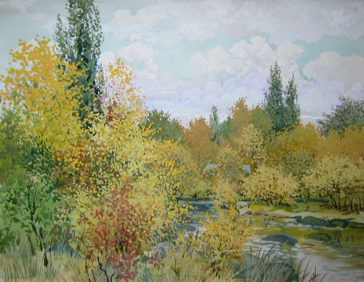 Impressionistic Landscape Watercolour By Valeriy Savenets-1, 25 X 19", Kamyanka River, Original Artwork