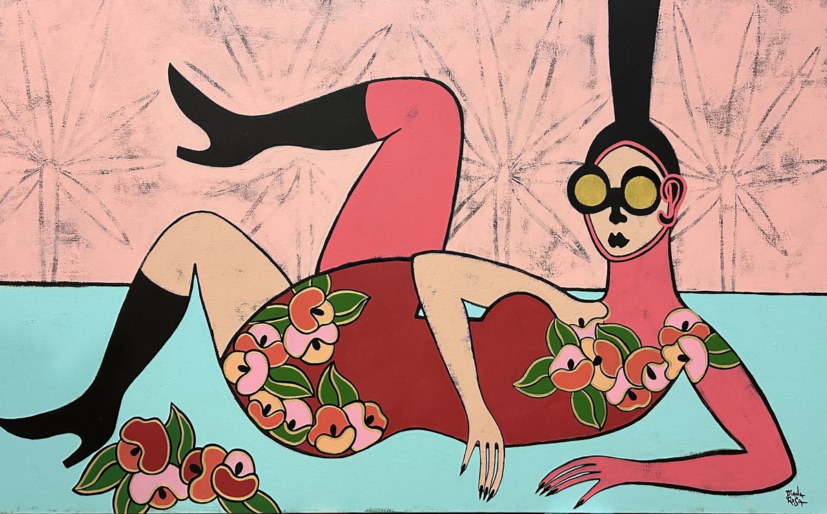 Expressive Portrait Acrylic Painting By Diana Rosa, 48 X 30, Reclining In The Tropic, Original Artwork