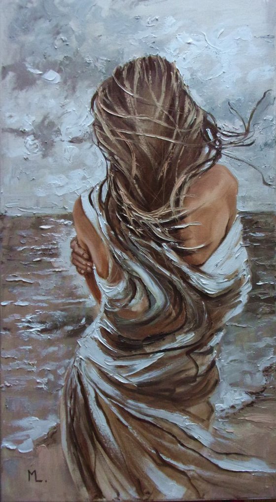 " IT WAS COLD WITHOUT YOU ... "- SEA SAND liGHt  ORIGINAL OIL PAINTING, GIFT, PALETTE KNIFE