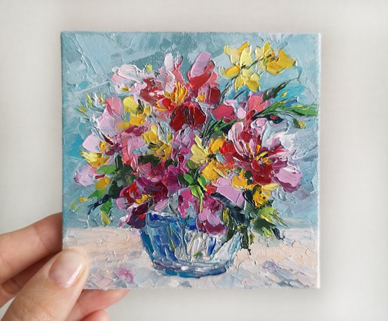 Bright flowers. Floral painting set of 4 small artworks