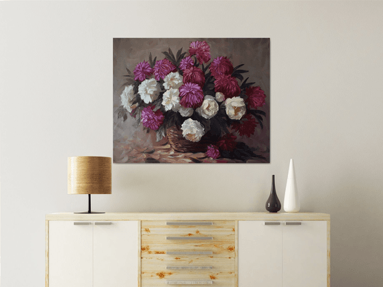 Flowers in the basket (100x80cm, oil painting, palette knife)