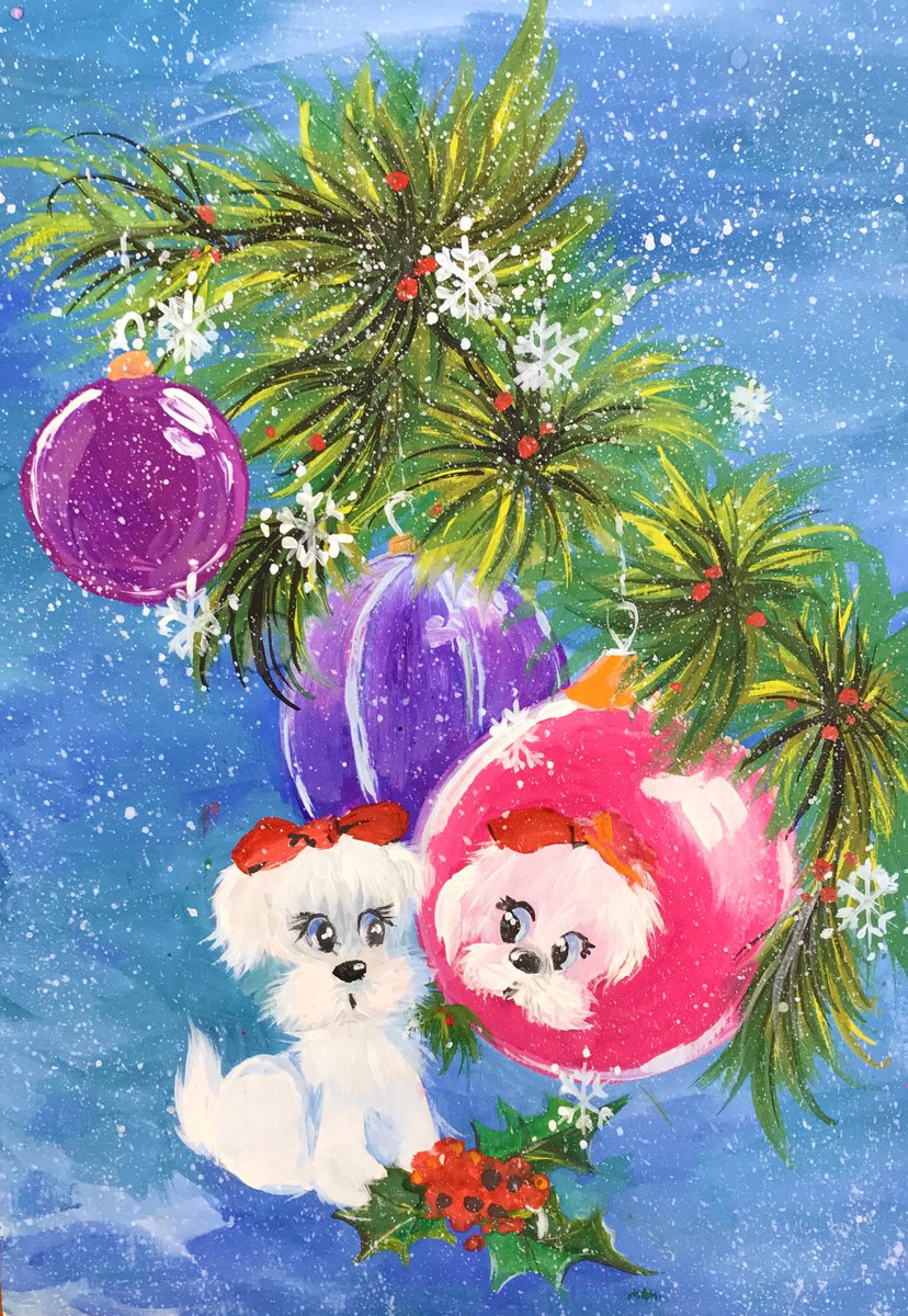 Animal Painting By Anastasia Terskih, 8 X 12, Puppy And Christmas Tree Toy, Original Artwork