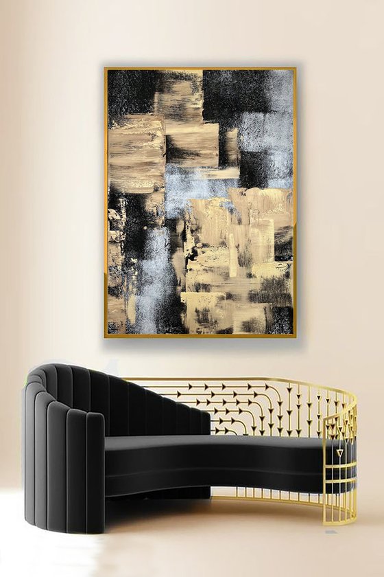 Black Gold Gray Abstract on canvas.