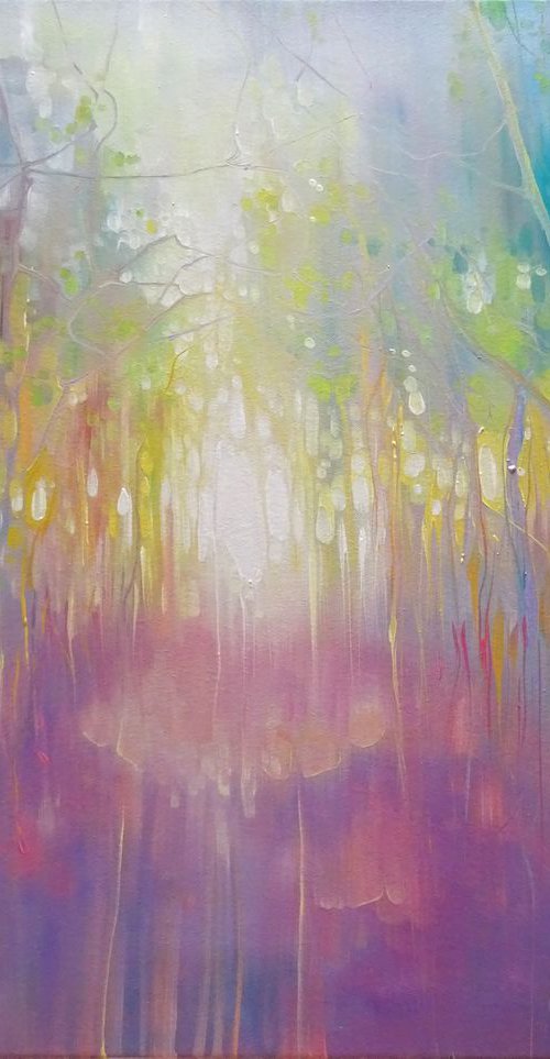 Chasing a Dream abstract woodland path painting by Gill Bustamante